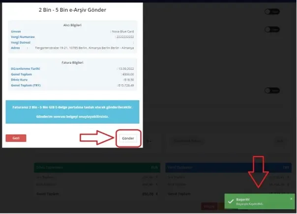 KolayBi Fatura Gönderim Ekranı