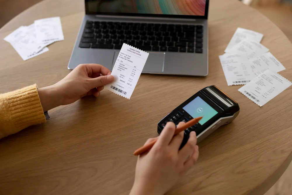 fatura ve pos makinası ile işlem yapan yakın çekim el görüntüsü