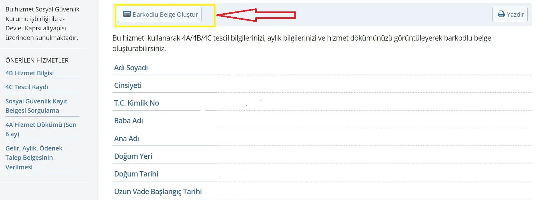 Barkodlu SGK Hizmet Dökümü e-Devlet Sayfası